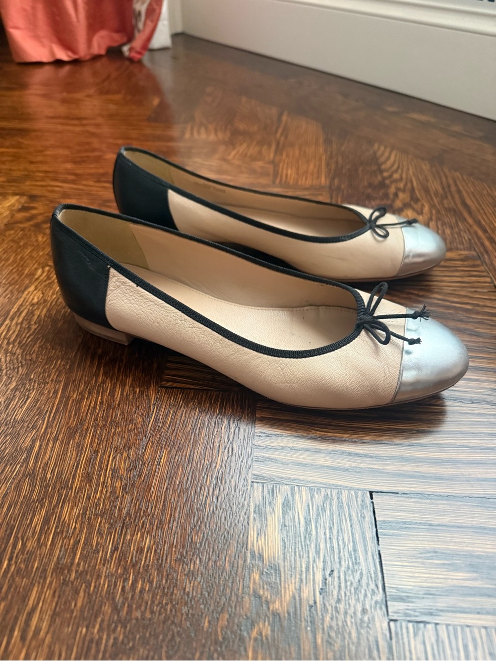 J. Crew Kiki Contrast Ballet Flats in Beige with Silver Toe and Black Trim - Picture 3 of 5